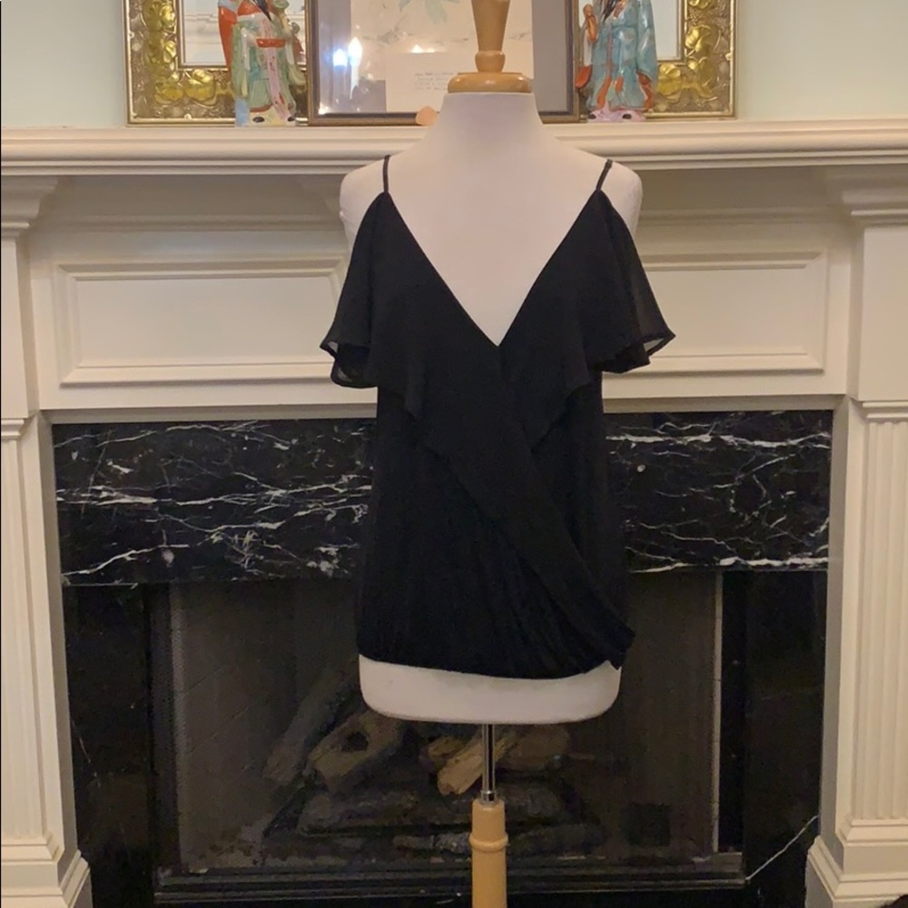 Classic Arden B blk knit and chiffon crossover top